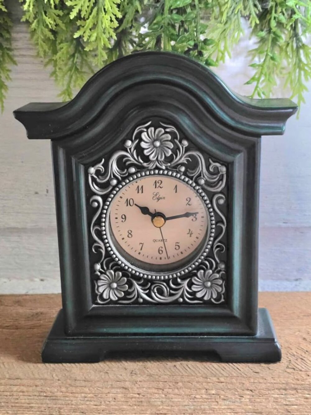 Vintage Green & Silver Floral Elgin Ornate Mantle Clock